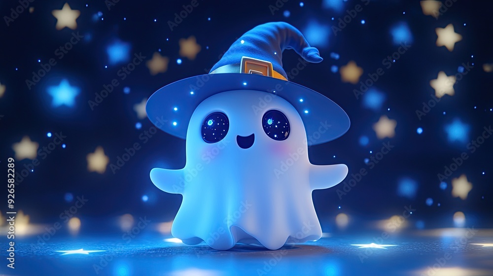 Fototapeta premium A happy ghost character wearing a wizard hat, surrounded by glowing stars, creating a whimsical and festive atmosphere.