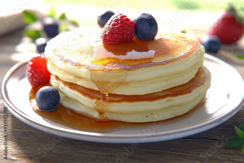 Fluffy pancakes topped with maple syrup and fresh berries on a plate