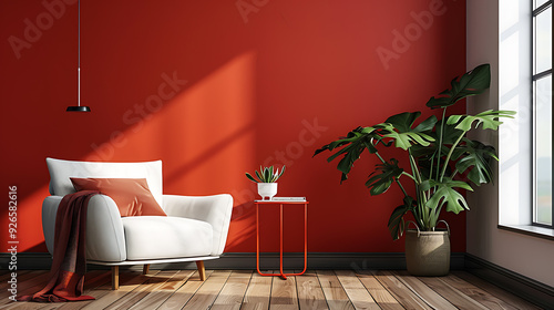 A bright red living room with a white armchair, a side table, and a large green plant. The room is bathed in natural light. photo