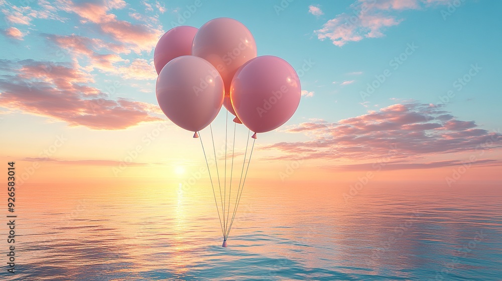 Fototapeta premium Delicate pastel balloons floating serenely above tranquil water during a beautiful sunrise, capturing a moment of joy and peace.