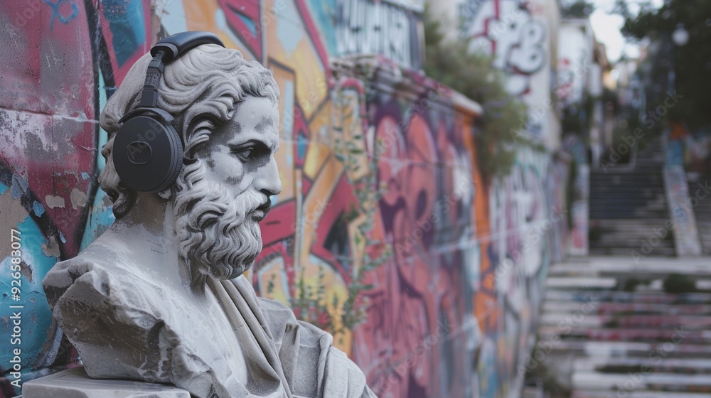 Fototapeta premium Greek philosopher statue with headphones in an urban graffiti setting. Concept of the intersection between tradition and modernity, blending classical art with contemporary culture.