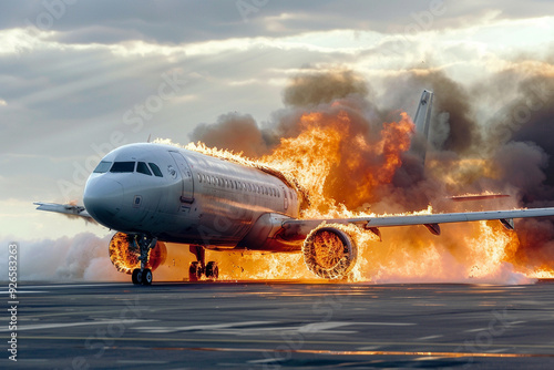 Airplane on Fire During Emergency Landing photo