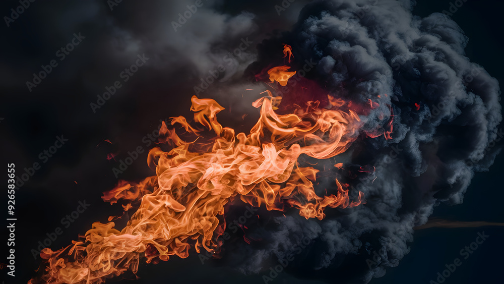 Fototapeta premium Inferno's Embrace: Orange flames dance wildly, entwined with billowing dark smoke in a vibrant display of raw power and destructive beauty. 