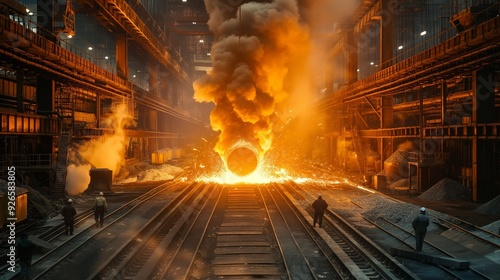 steel mill with furnaces melting metal and workers