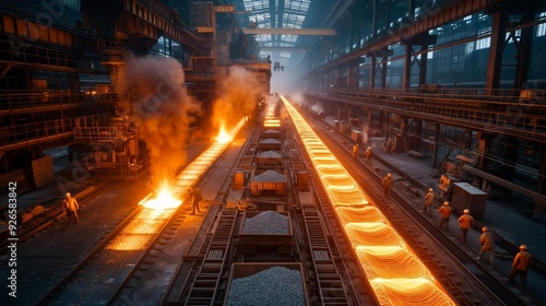 steel mill with furnaces melting metal and workers