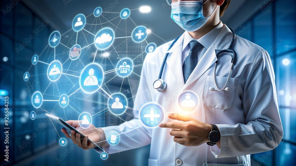 Medical worker using data virtual with health care icons, medical technology background. Ai generated Medical worker using data virtual with health care icons, medical technology background. Ai generated