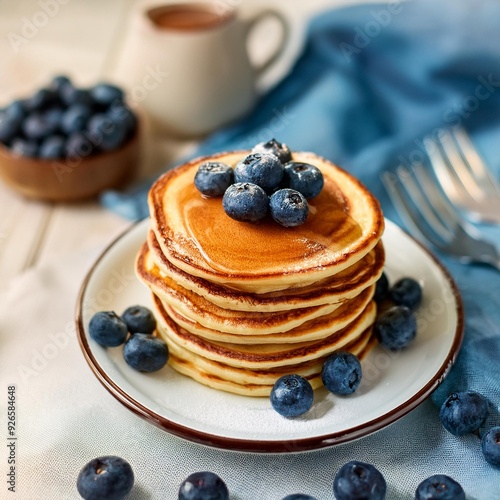 Fluffy tasty pancakes with blueberries on a plate in bright daylight. Rustic shabby chic feel. Pancake Day. Banner with empty space for text.