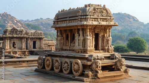 The ancient ruins of Hampi, showcasing the impressive stone chariot and intricately carved temples. photo