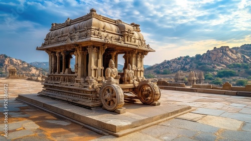 The ancient ruins of Hampi, showcasing the impressive stone chariot and intricately carved temples. photo