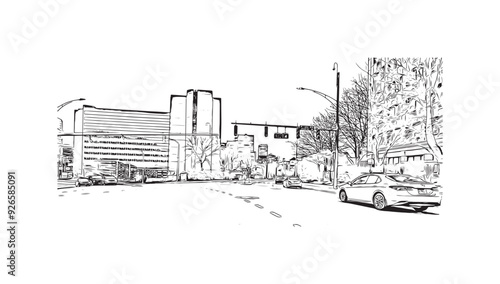 Building view with landmark of Stamford is the city in USA. Hand drawn sketch illustration in vector.