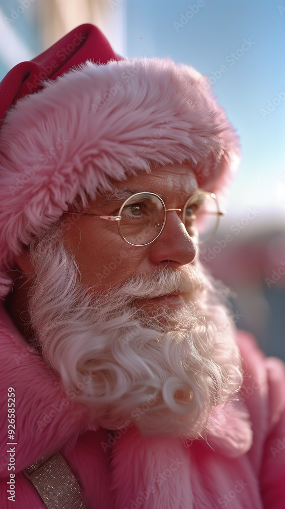 Close-up of Santa Claus in a pink fur hat and coat, wearing round glasses. A detailed and stylish portrait with a modern and cozy vibe. Close-up of Santa Claus in a pink fur hat and coat, wearing round glasses. A detailed and stylish portrait with a modern and cozy vibe.