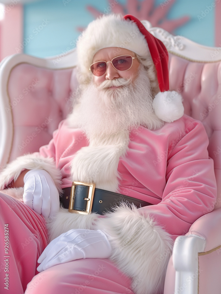 Obraz premium Santa Claus in a pink velvet suit and red-tinted glasses sits elegantly on a plush pink chair. A fashionable and playful take on the traditional holiday figure.