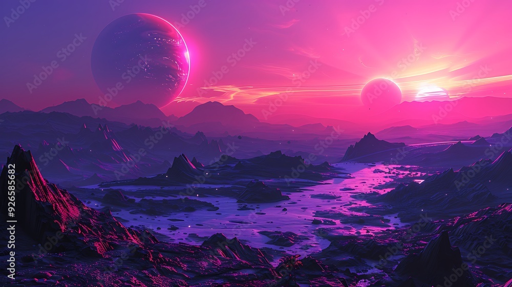 An alien sunrise on a distant planet, with several moons in the sky, unique rock formations and alien vegetation, vibrant hues of purple and red, ethereal light effects, An alien sunrise on a distant planet, with several moons in the sky, unique rock formations and alien vegetation, vibrant hues of purple and red, ethereal light effects,