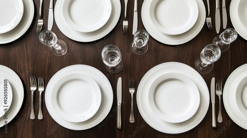 Clean white plates and polished cutlery arranged neatly on a dark woodgrain table, creating a sophisticated and inviting dining atmosphere Clean white plates and polished cutlery arranged neatly on a dark woodgrain table, creating a sophisticated and inviting dining atmosphere