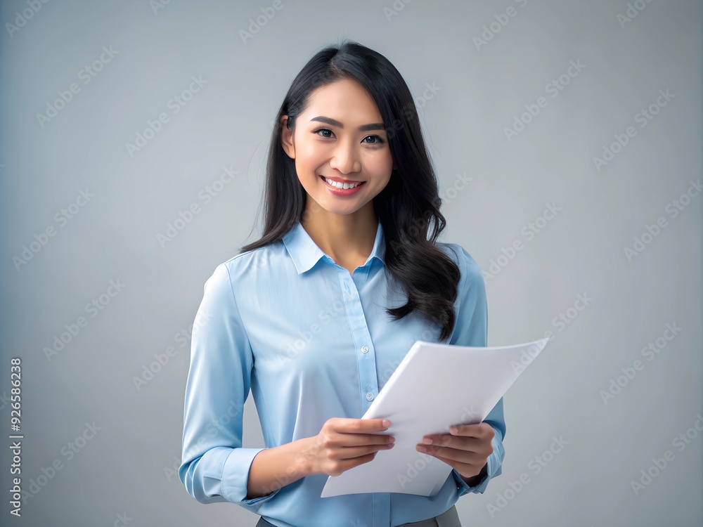 Asian women wearing blue shirt holding paper Asian women wearing blue shirt holding paper
