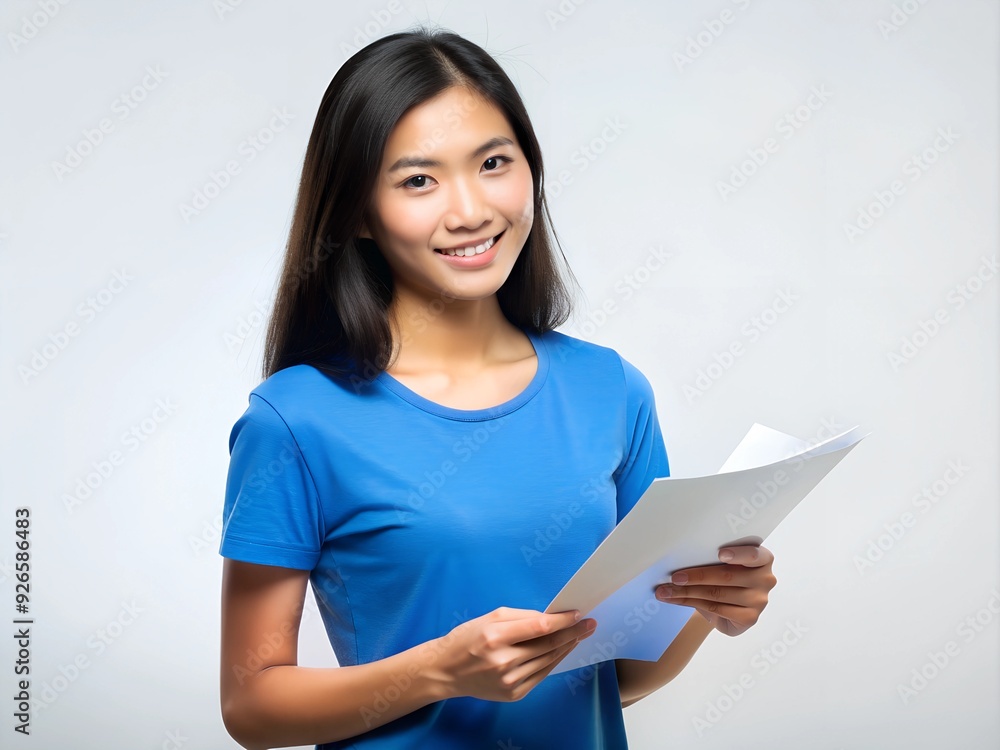 Asian women wearing blue t-shirt holding paper Asian women wearing blue t-shirt holding paper