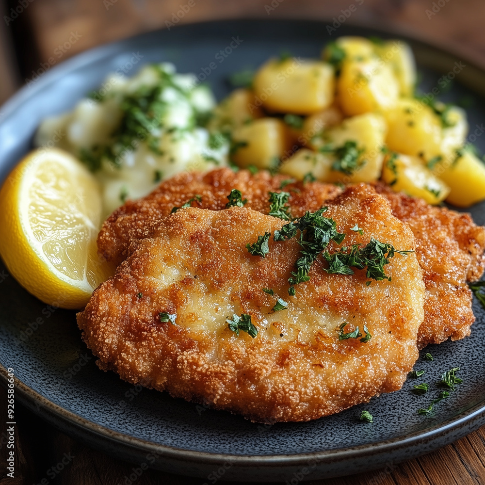 A plate of food with two pieces of fried chicken, a lemon wedge, and a side of potatoes A plate of food with two pieces of fried chicken, a lemon wedge, and a side of potatoes