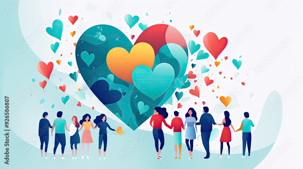 A vibrant illustration of diverse people holding hands around a large heart, symbolizing love. A vibrant illustration of diverse people holding hands around a large heart, symbolizing love.