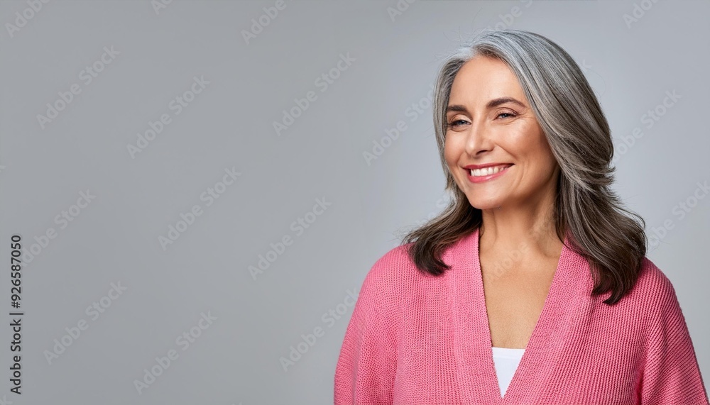 Happy Asian Woman. Portrait of Beautiful Older Mid Aged Mature Smiling Woman in Pink Clothes Isolated on Grey Background. Anti-aging Skin Care Face Beauty Product. Banner with Copy Space. Happy Asian Woman. Portrait of Beautiful Older Mid Aged Mature Smiling Woman in Pink Clothes Isolated on Grey Background. Anti-aging Skin Care Face Beauty Product. Banner with Copy Space.