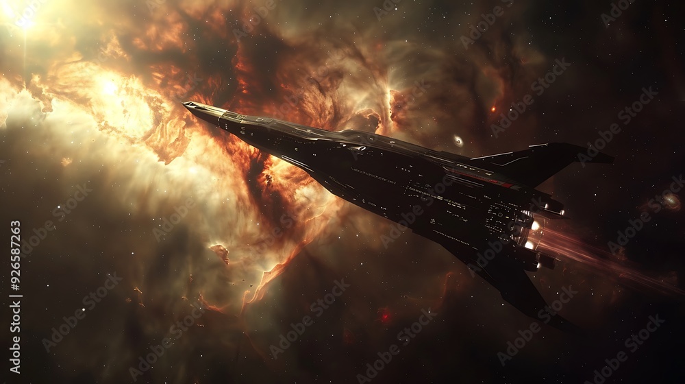 Obraz premium An intergalactic voyage with a spacecraft traveling through the dark void, distant galaxies and nebulae providing a stunning backdrop, showcasing the grandeur and solitude of the cosmic journey.