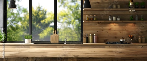 Empty Wooden Tabletop In Rustic Kitchen With Window And Shelving.