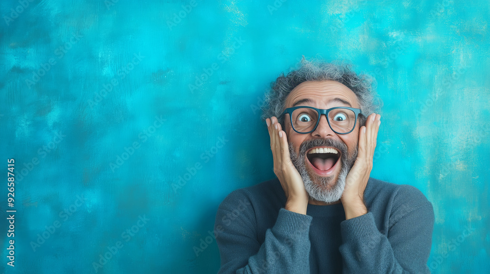 Middle-aged man with glasses showing a surprised expression, hands on face, against a blue background Middle-aged man with glasses showing a surprised expression, hands on face, against a blue background