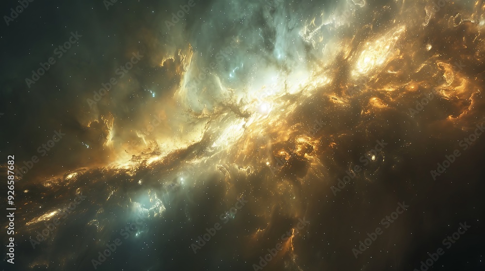 Fototapeta premium An interstellar craft traveling through the vast void between galaxies, distant galaxies and colorful nebulae visible, vast emptiness and shimmering starlight,