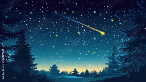 Starry night sky with a glowing shooting star over a serene winter landscape, creating a magical Christmas Eve atmosphere.