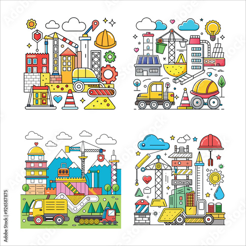 Set of Construction Site Objects Coloring Page Designs

