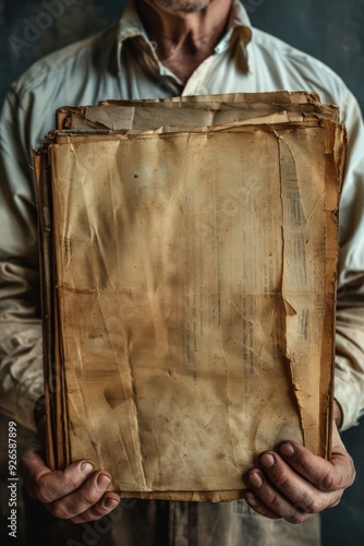 Wallpaper Mural Vintage Man Holding Old Weathered Documents in Hands Against Dark Background Torontodigital.ca