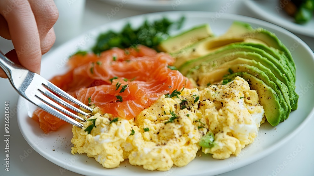 A beautifully presented keto breakfast with scrambled eggs, avocado, and smoked salmon on a white plate, with a person’s hand holding a fork, more clarity with clear light and sharp focus, high A beautifully presented keto breakfast with scrambled eggs, avocado, and smoked salmon on a white plate, with a person’s hand holding a fork, more clarity with clear light and sharp focus, high