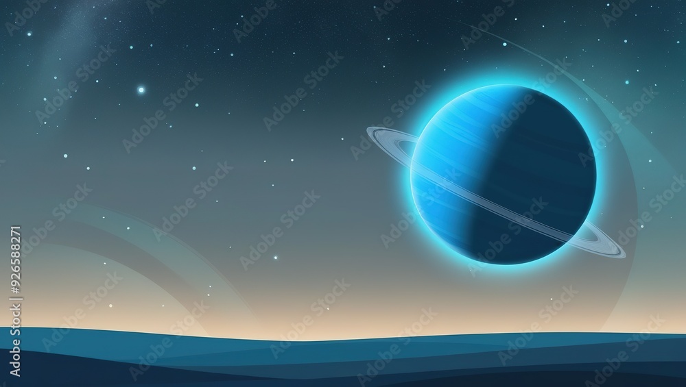 Fototapeta premium Blue planet with rings in a starry sky