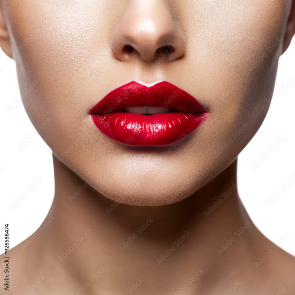 Obraz premium Sensual close-up of woman's lips with perfect red lipstick, capturing beauty and glamour
