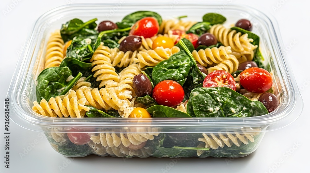 Ready-to-eat vegan pasta salad with spinach, cherry tomatoes, and olives in a transparent plastic container, isolated on white background, more clarity with clear light and sharp focus, high detailed Ready-to-eat vegan pasta salad with spinach, cherry tomatoes, and olives in a transparent plastic container, isolated on white background, more clarity with clear light and sharp focus, high detailed