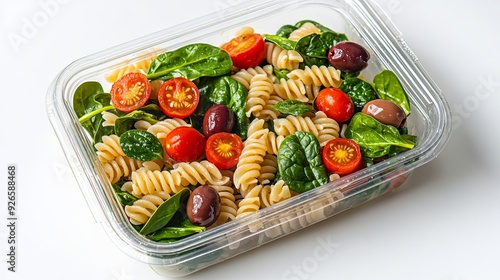 Ready-to-eat vegan pasta salad with spinach, cherry tomatoes, and olives in a transparent plastic container, isolated on white background, more clarity with clear light and sharp focus, high detailed