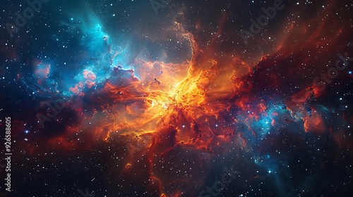 Colorful gas clouds and debris expanding after a supernova explosion, viewed from a distant planet, intense and vibrant hues, capturing the awe-inspiring and dynamic beauty of this cosmic event.