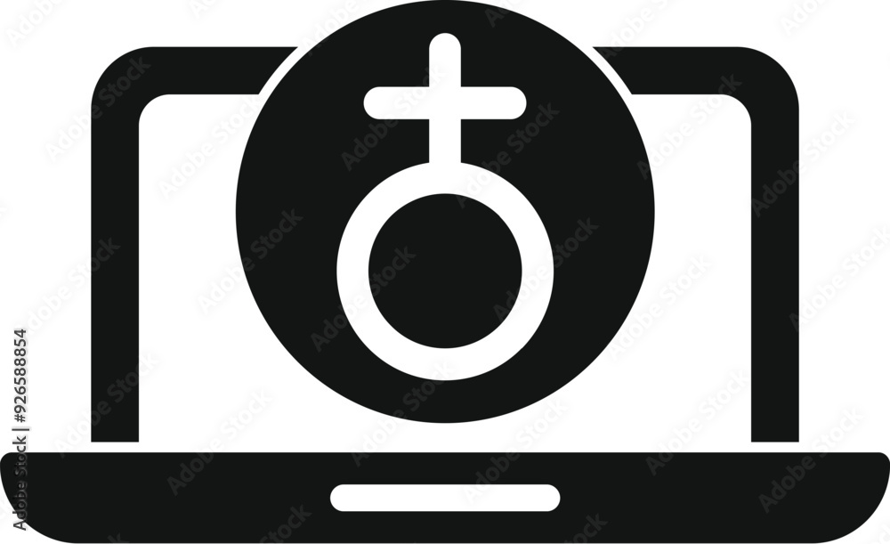 Black and white vector illustration of a laptop showing a female symbol, perfect for representing online women's health services Black and white vector illustration of a laptop showing a female symbol, perfect for representing online women's health services