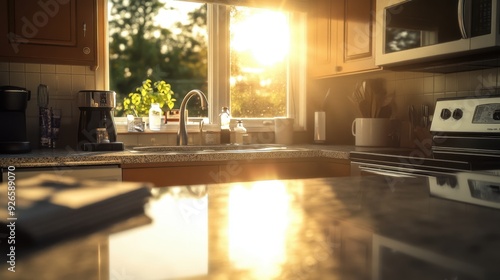 Sunlight streams through a kitchen window, illuminating countertops and appliances in a peaceful, morning setting.