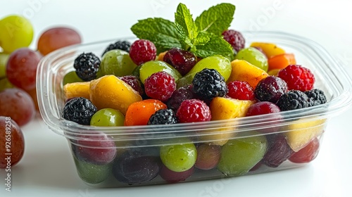 Wallpaper Mural Ready-to-eat organic fruit salad with mixed berries, grapes, and mint leaves in a transparent plastic container, isolated on white background, more clarity with clear light and sharp focus, high Torontodigital.ca