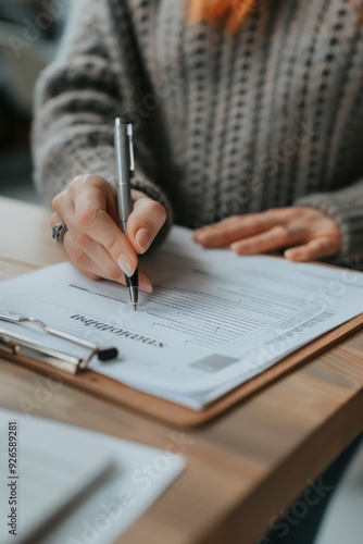 Close-up of a Person Filling Out a Form on a Clipboard with a Pen in a Cozy Indoor Setting