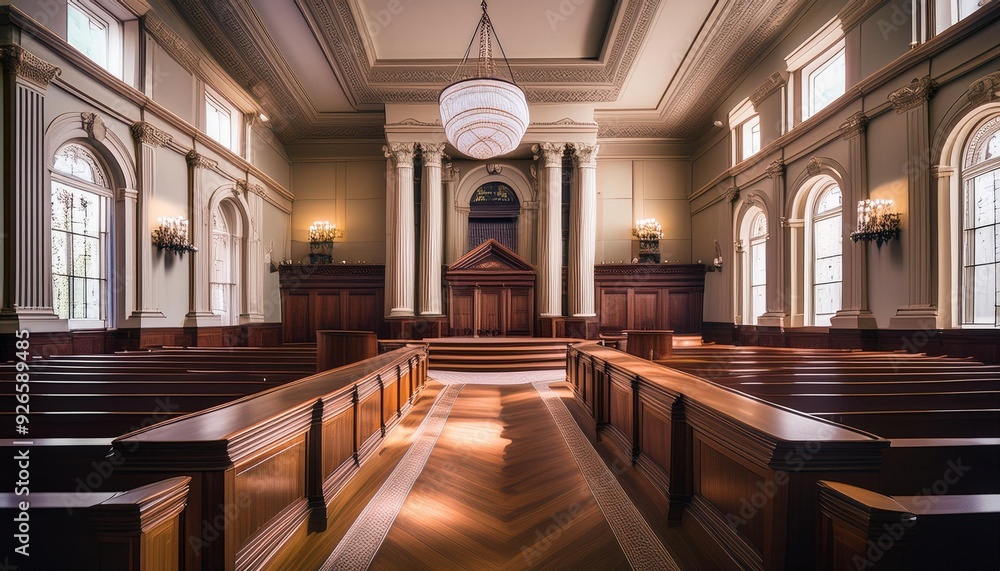 Fototapeta premium Justice Served A Regal Courtroom Nestled Inside a Historic American Courthouse, Adorned with Wooden Bench and Classic Desks, Embodying the Symbol of Order and Authority in the Legal System
