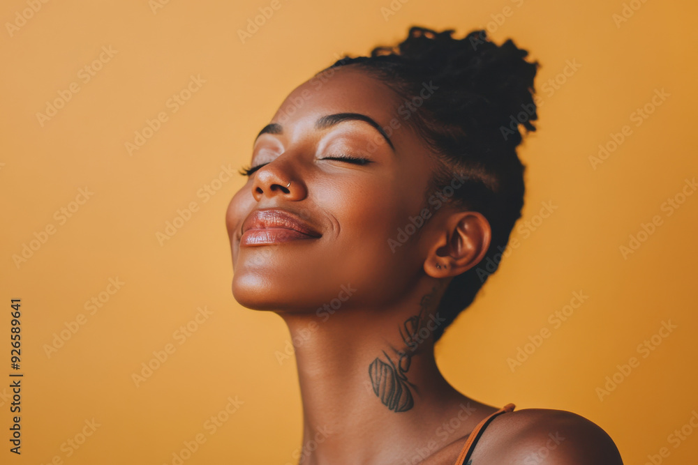 A close up of a tattooed black woman's face with her eyes closed A close up of a tattooed black woman's face with her eyes closed