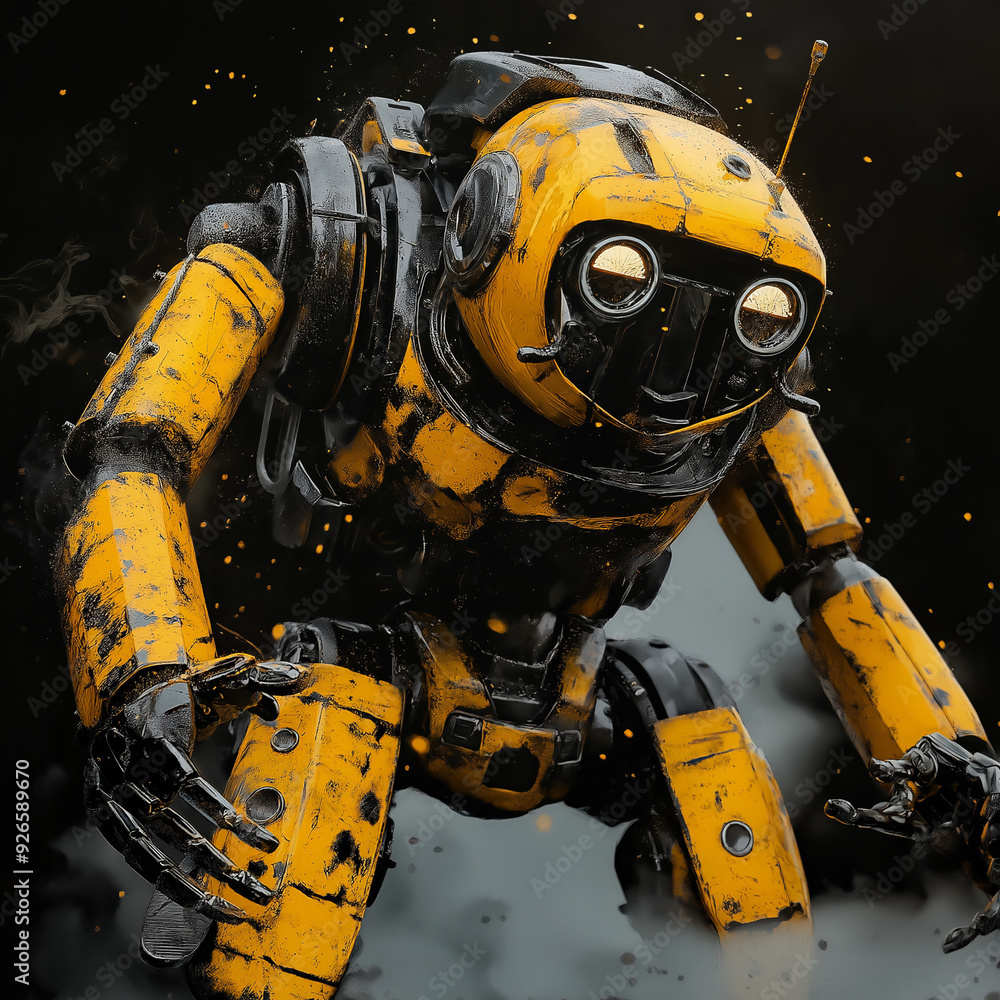 Large robot made of yellow metal with heavy armor