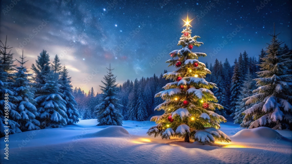 Snow covered Christmas tree in a winter forest with space for text at night , winter, holiday, fir, festive, seasonal Snow covered Christmas tree in a winter forest with space for text at night , winter, holiday, fir, festive, seasonal