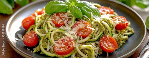 A plate of keto zoodles (zucchini noodles) with pesto sauce, cherry tomatoes, and parmesan cheese, garnished with fresh basil, more clarity with clear light and sharp focus, high detailed