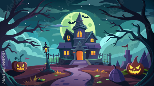 A Scary Halloween Castle Featuring Bats,  Pumpkins, Moon and Trees