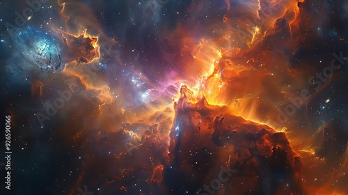 Inside a stellar nursery, where new stars are being born, bright colors, intricate gas formations, viewed from a distant planet, ethereal and glowing,