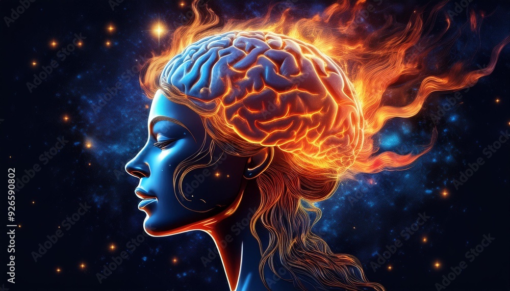 Mystical Brain engulfed in Orange and Blue Flames with Stars in the Background Mystical Brain engulfed in Orange and Blue Flames with Stars in the Background