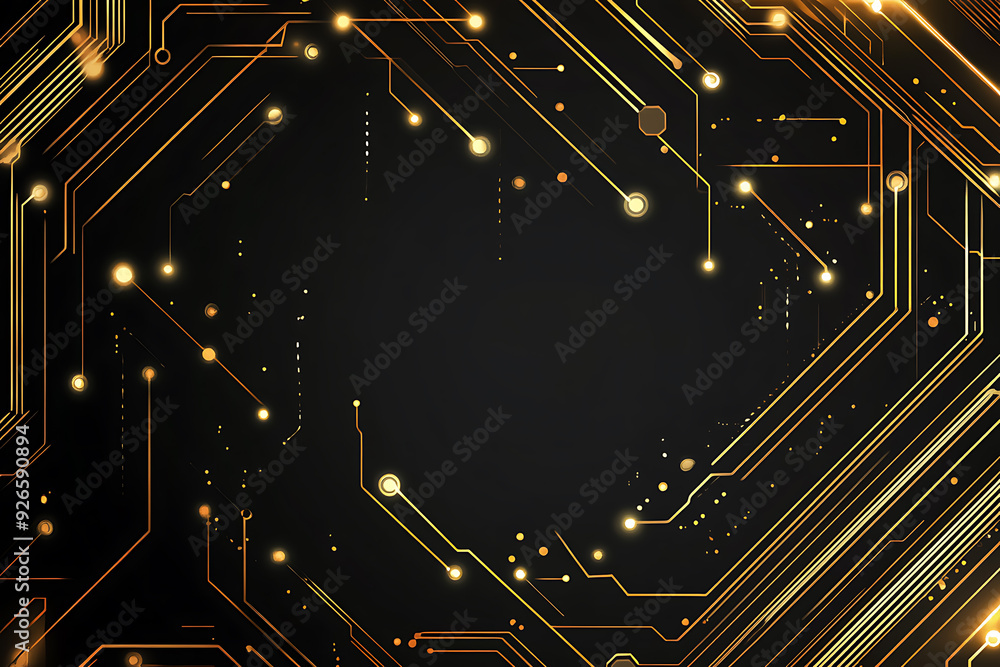 A modern abstract design featuring gold lines and dots representing network science and technology on a high-tech dark background. Ideal for templates, web design, and presentations A modern abstract design featuring gold lines and dots representing network science and technology on a high-tech dark background. Ideal for templates, web design, and presentations
