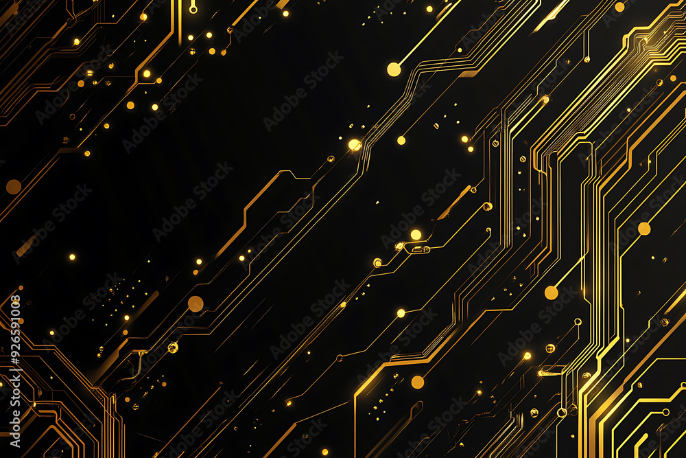 A modern abstract design featuring gold lines and dots representing network science and technology on a high-tech dark background. Ideal for templates, web design, and presentations A modern abstract design featuring gold lines and dots representing network science and technology on a high-tech dark background. Ideal for templates, web design, and presentations